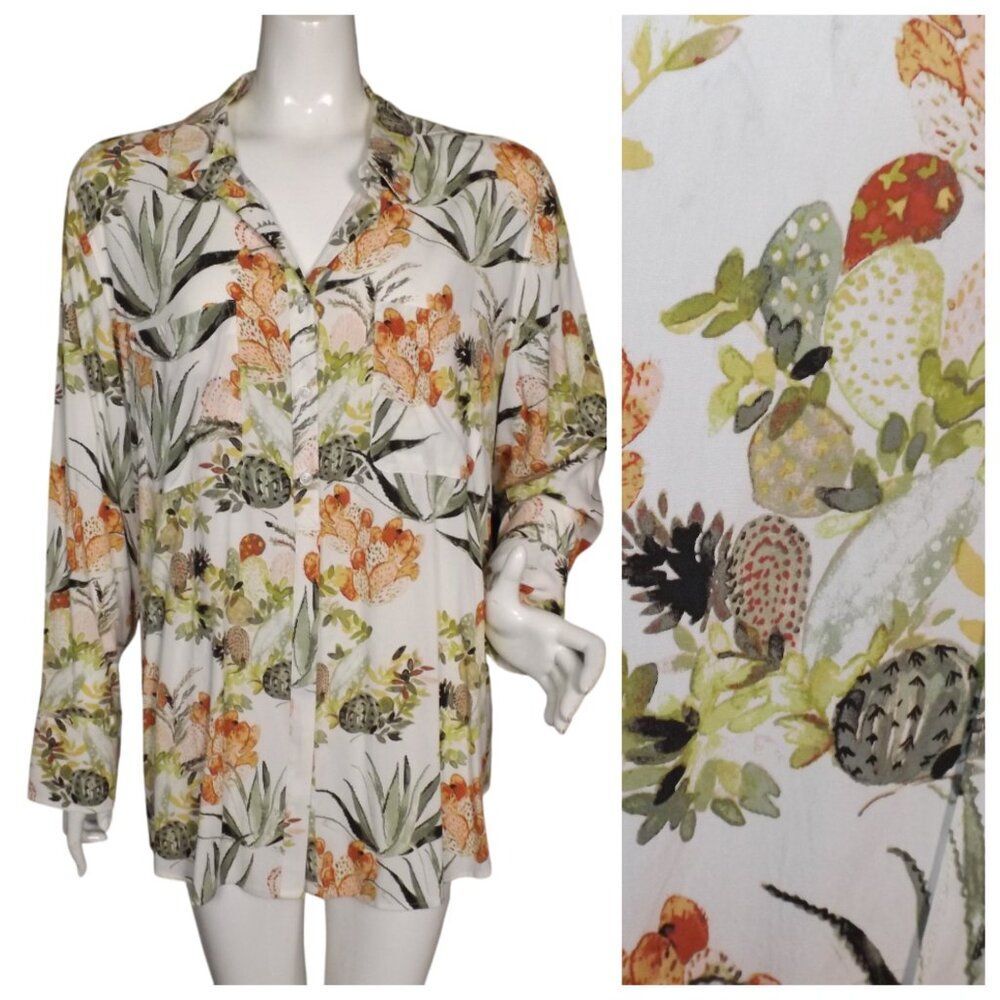 new CHICOS Blouse, 3/XL, Watercolor Cactus, Long sleeves, Button up, Pocket